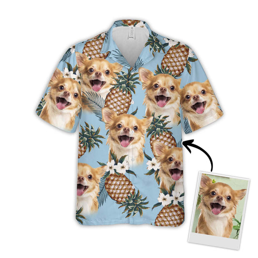 Chemise hawaïenne personnalisée avec visage d’animal de compagnie | Cadeau personnalisé pour les amoureux des animaux de compagnie | Chemise Aloha de couleur bleu clair à motif d'ananas