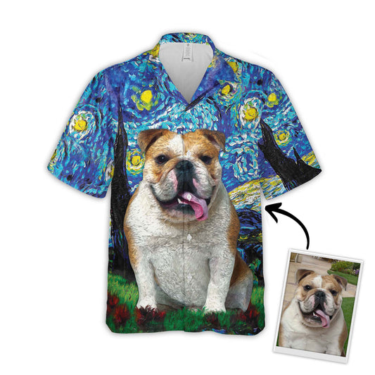 Chemise hawaïenne personnalisée avec visage d’animal de compagnie | Cadeau personnalisé pour les amoureux des animaux de compagnie | Chemise Aloha de couleur bleue à motif de nuit étoilée
