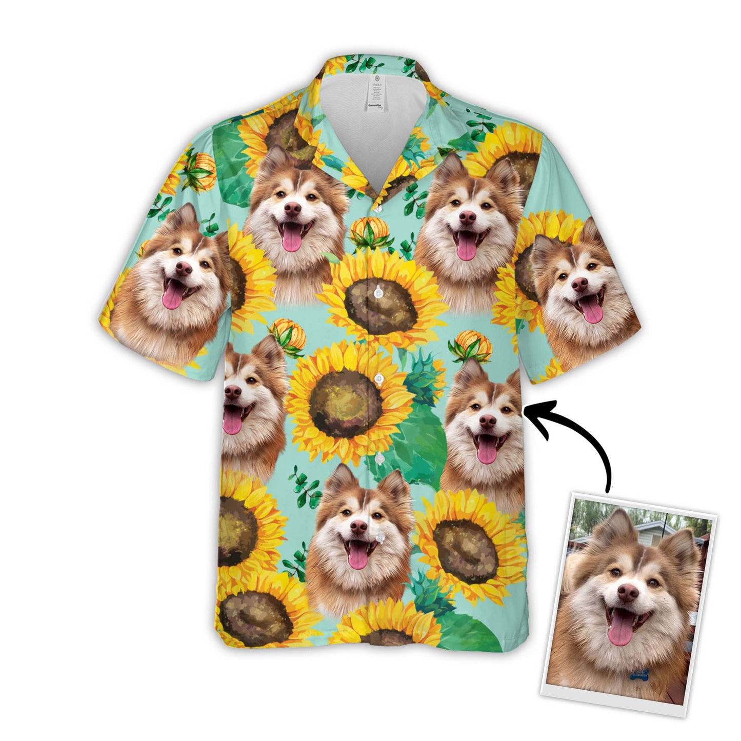 Custom Hawaiian Shirt With Pet Face | Personalized Gift For Pet Lovers | Sunflower & Green Pattern Aloha Shirt