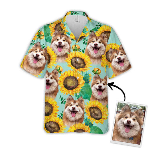 Chemise hawaïenne personnalisée avec visage d’animal de compagnie | Cadeau personnalisé pour les amoureux des animaux de compagnie | Chemise Aloha à motif tournesol et vert