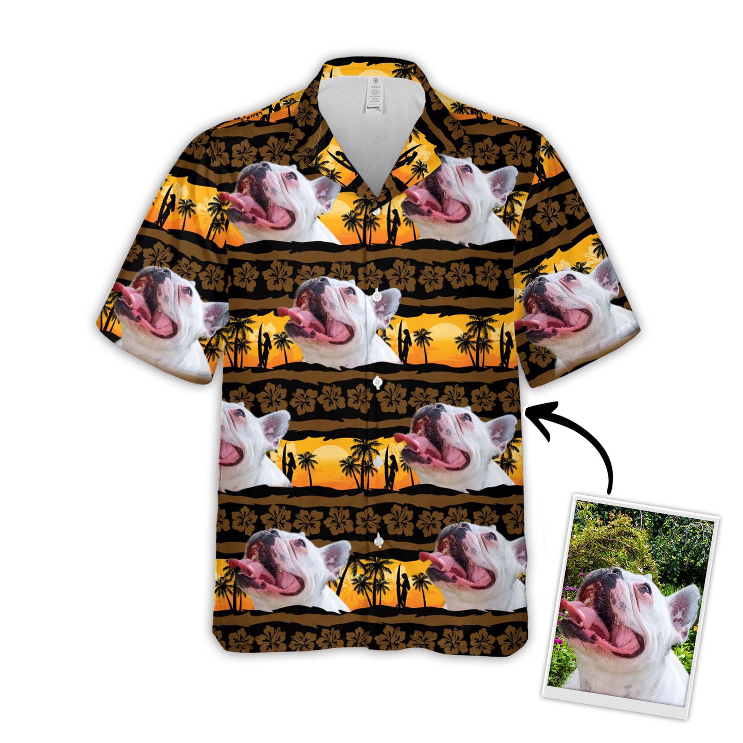 Custom Hawaiian Shirt With Pet Face | Personalized Gift For Pet Lovers | Sunset & Palm Tree Pattern Aloha Shirt
