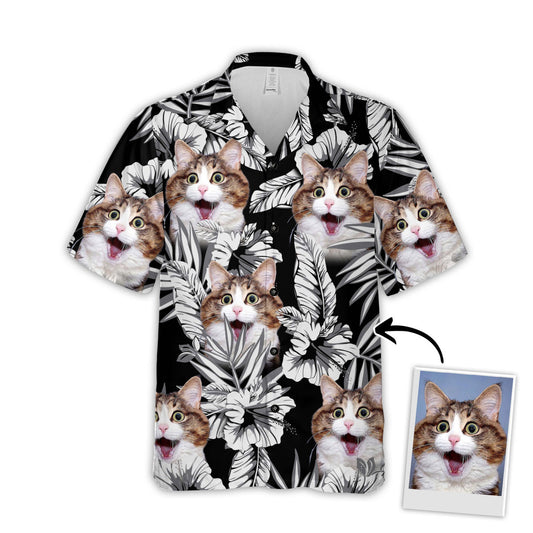 Chemise hawaïenne personnalisée pour les amoureux des chats | Cadeau personnalisé Kitty Lovers | Chemise Aloha de couleur noire à motif de fleurs