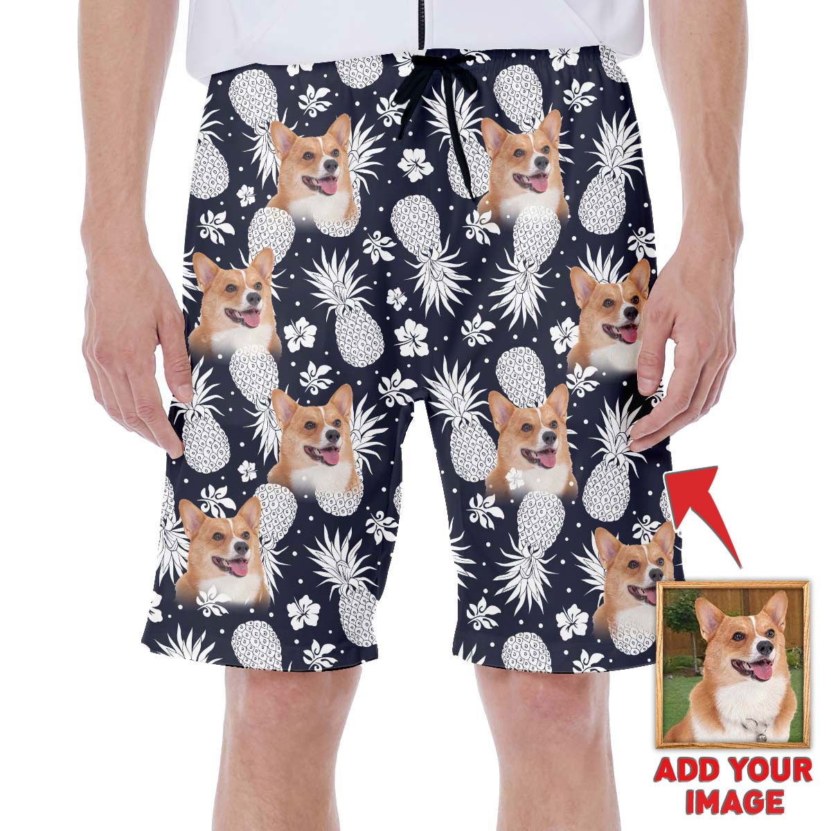 Custom Hawaiian Short With Dog Face | Personalized Gift For Puppy Lovers | Pineapple Pattern Dark Navy Color Aloha Short