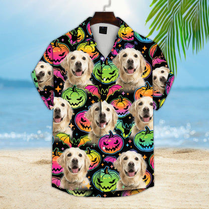 Custom Hawaiian Shirt With Pet Face | Personalized Gift For Pet Lovers | Pumpkin & Bat Pattern Dark Color Aloha Shirt