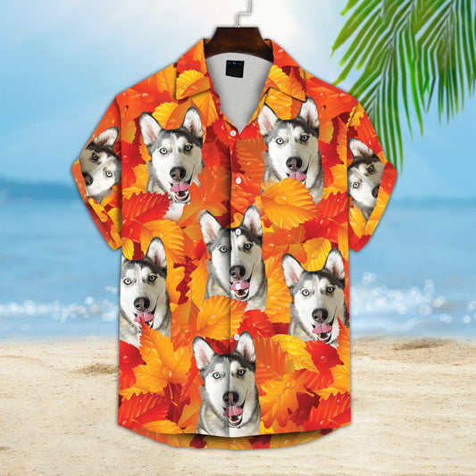 Custom Hawaiian Shirt With Pet Face | Personalized Gift For Pet Lovers | Leaves Pattern Neon-Orange Color Aloha Shirt