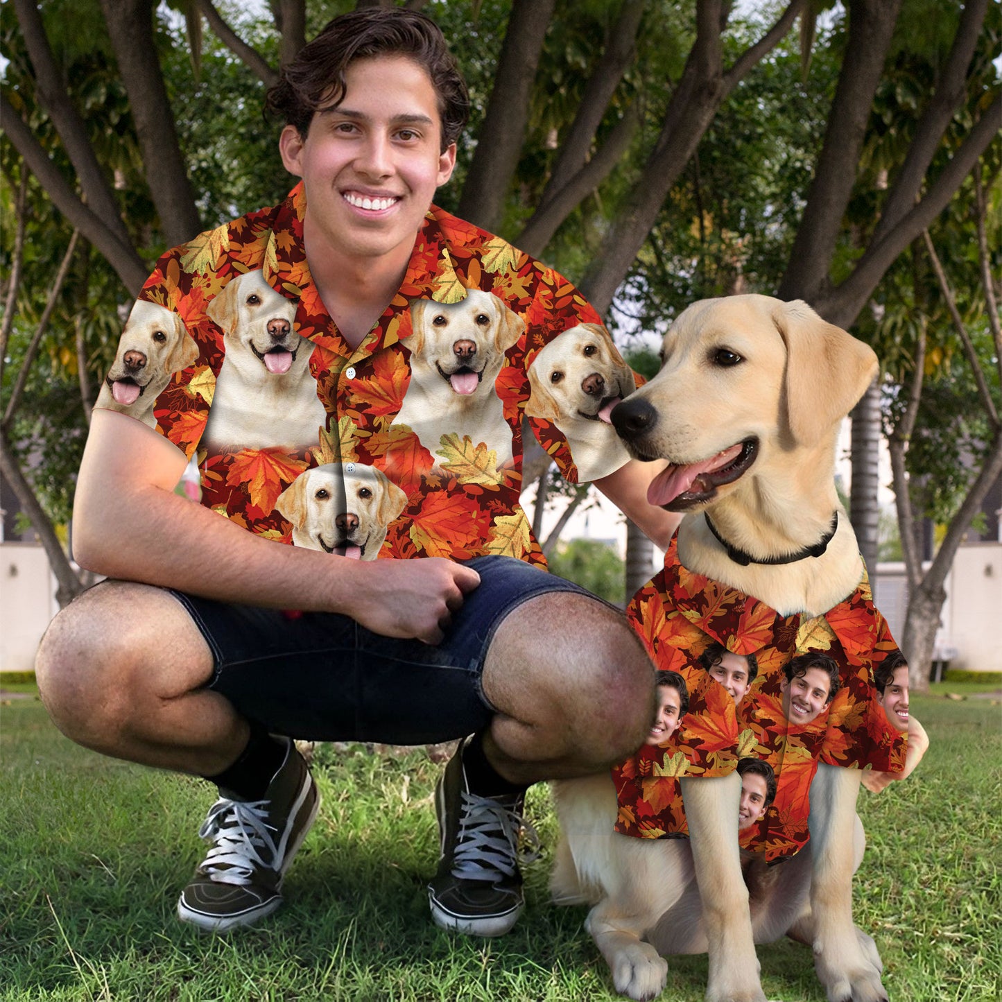 Custom Hawaiian Shirt With Pet Face | Personalized Gift For Pet Lovers | Leaves Pattern Red Color Aloha Shirt