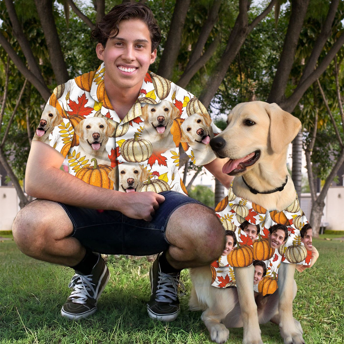 Custom Hawaiian Shirt With Pet Face | Personalized Gift For Pet Lovers | Leaves & Pumpkin Pattern White Color Aloha Shirt