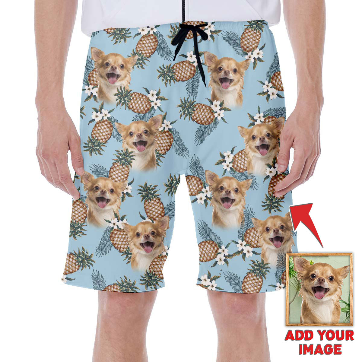Custom Hawaiian Short With Dog Face | Personalized Gift For Puppy Lovers | Pineapple Pattern Light Blue Color Aloha Short