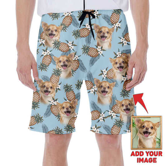 Short hawaïen personnalisé avec visage de chien | Cadeau personnalisé pour les amateurs de chiots | Short Aloha à motif d'ananas, couleur bleu clair