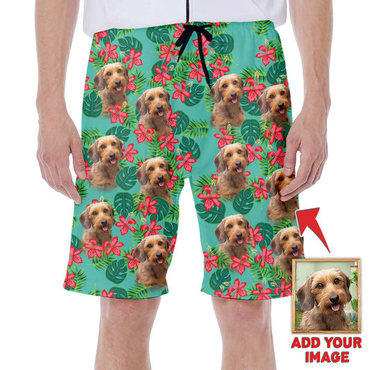Short hawaïen personnalisé avec visage de chien | Cadeau personnalisé pour les amateurs de chiots | Short Aloha à motif de feuilles et de fleurs, couleur menthe