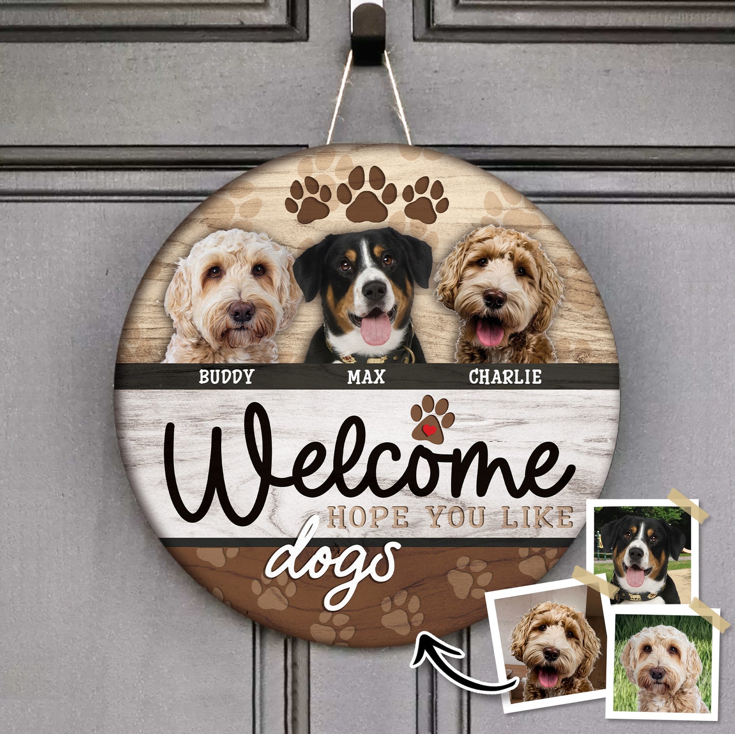 Bienvenue Hope Your Like Dogs Panneau rond en bois personnalisé, cadeau personnalisé pour les amoureux des animaux de compagnie