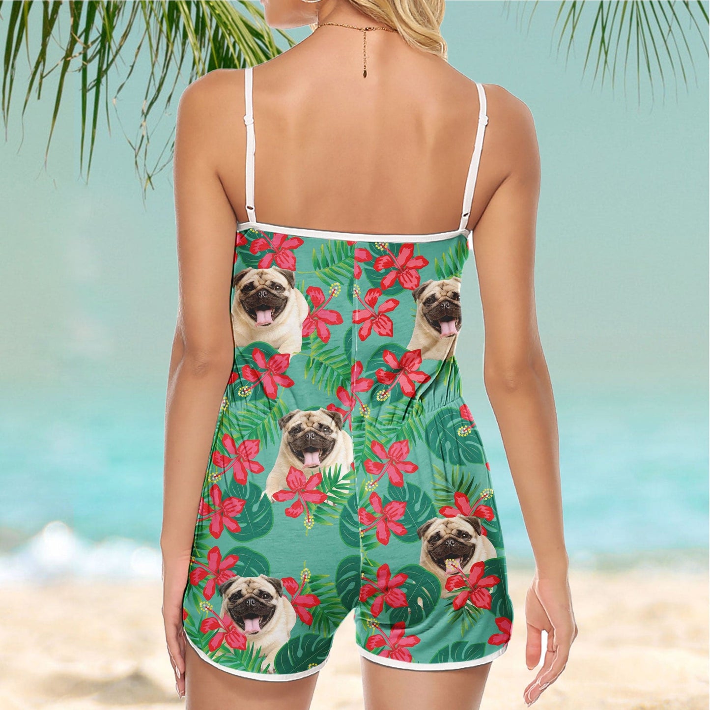 Custom V-neck Cami Romper With Pet Photo | Personalized Gift For Dog Mom | Mint Leaves & Flowers Pattern