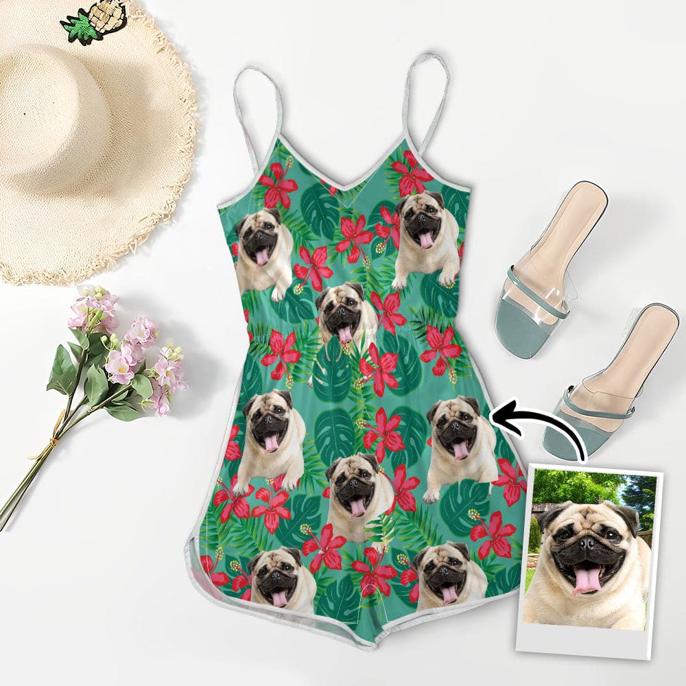 Romper Cami à col en V personnalisé avec photo d’animal de compagnie | Cadeau personnalisé pour maman chien | Motif feuilles et fleurs de menthe