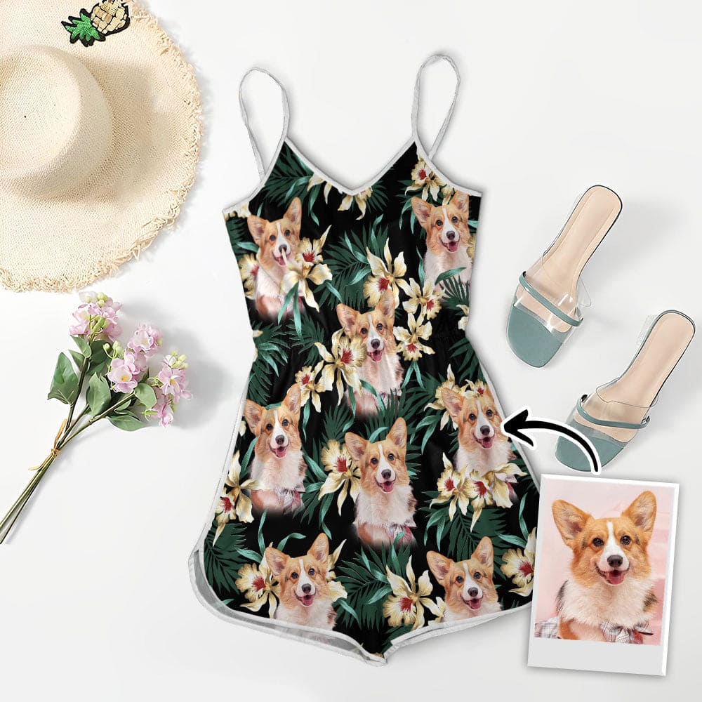 Romper Cami à col en V personnalisé avec photo d’animal de compagnie | Cadeau personnalisé pour maman chien | Motif de feuilles et de fleurs vert foncé