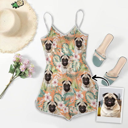 Custom V-neck Cami Romper With Pet Photo | Personalized Gift For Dog Mom | Carrot Leaves & Flowers Pattern