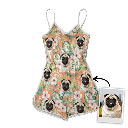 Romper Cami à col en V personnalisé avec photo d’animal de compagnie | Cadeau personnalisé pour maman chien | Modèle de feuilles et de fleurs de carotte