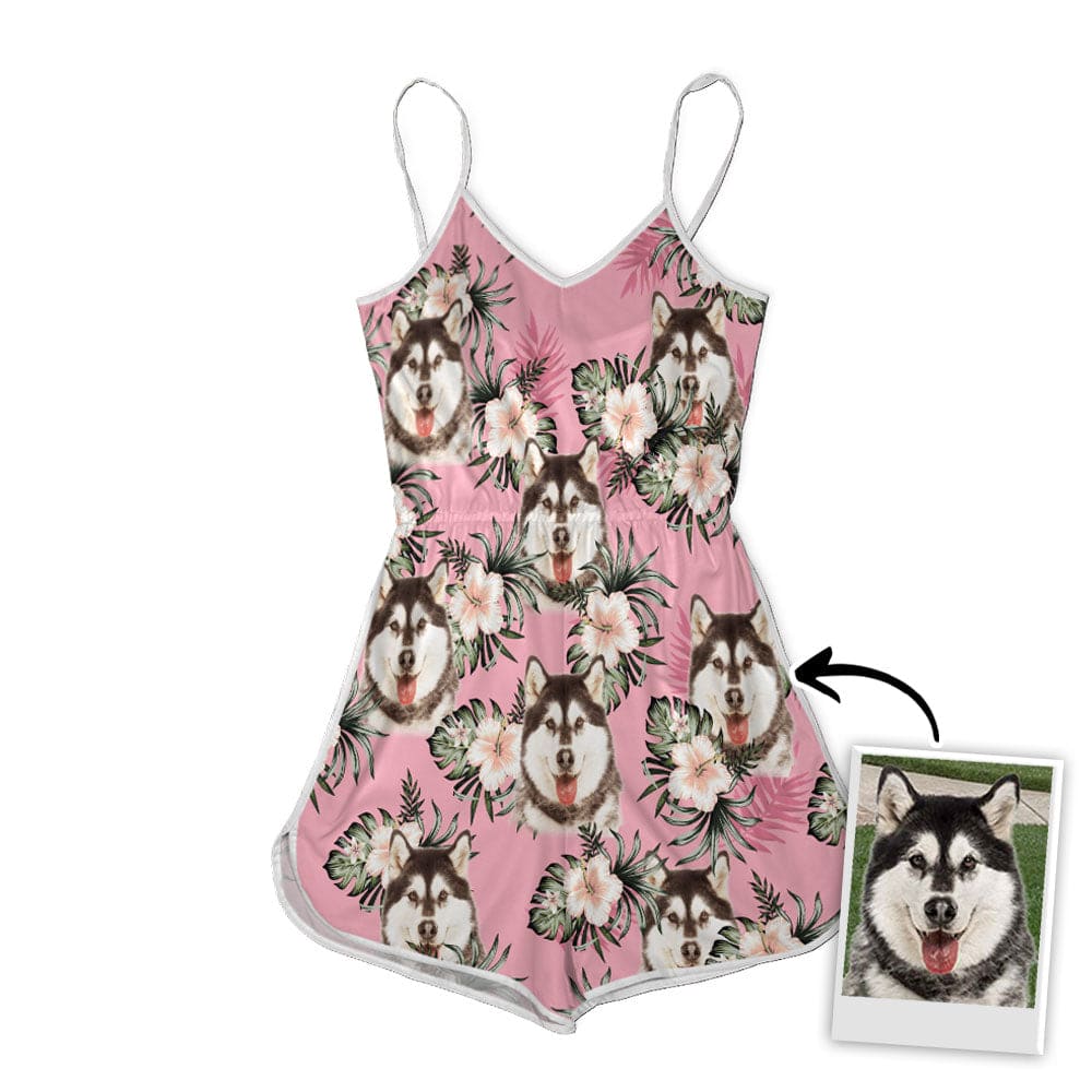 Romper Cami à col en V personnalisé avec photo d’animal de compagnie | Cadeau personnalisé pour maman chien | Motif de feuilles et de fleurs roses