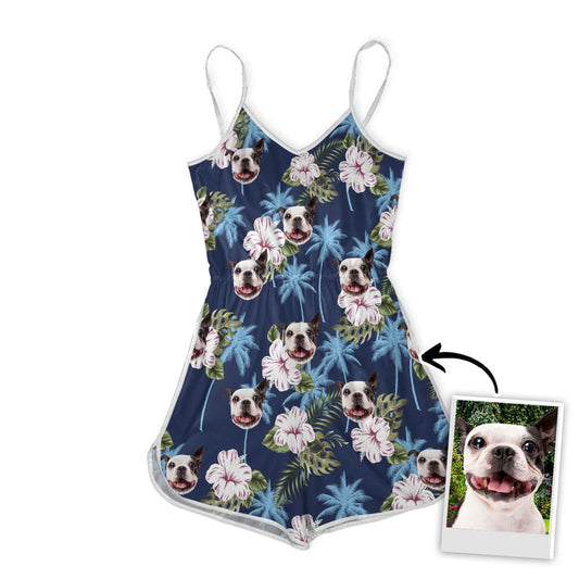 Custom V-neck Cami Romper With Pet Photo | Personalized Gift For Dog Mom | Blue Palm Leaves & Flowers Pattern