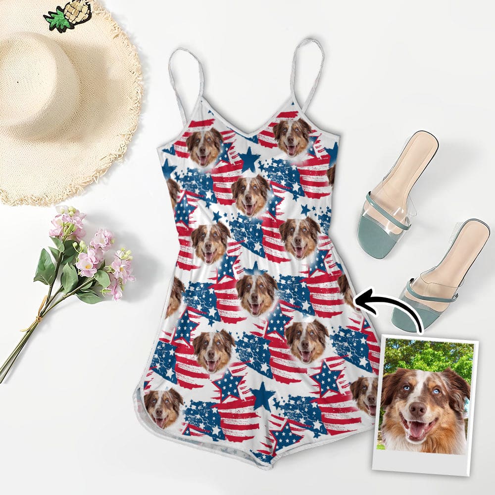 Custom V-neck Cami Romper With Pet Photo | Personalized Gift For Dog Mom | Red & Blue Pattern