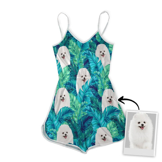 Custom V-neck Cami Romper With Pet Photo | Personalized Gift For Dog Mom | Turquoise & Leaves Pattern