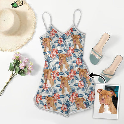 Romper Cami à col en V personnalisé avec photo d’animal de compagnie | Cadeau personnalisé pour maman chien | Motif blanc et feuilles