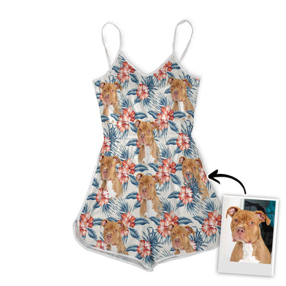 Custom V-neck Cami Romper With Pet Photo | Personalized Gift For Dog Mom | White & Leaves Pattern