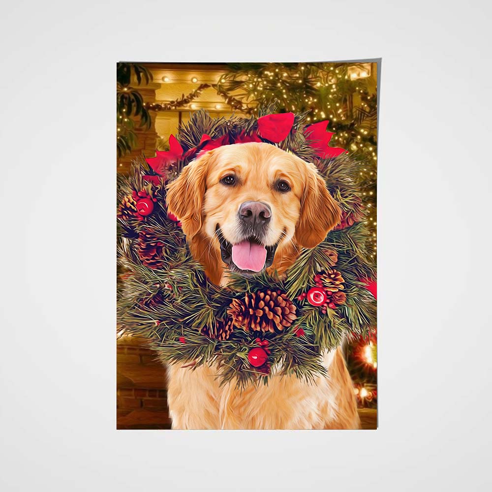 Paw in Wreath Christmas Custom Pet Portrait Poster - Noble Pawtrait