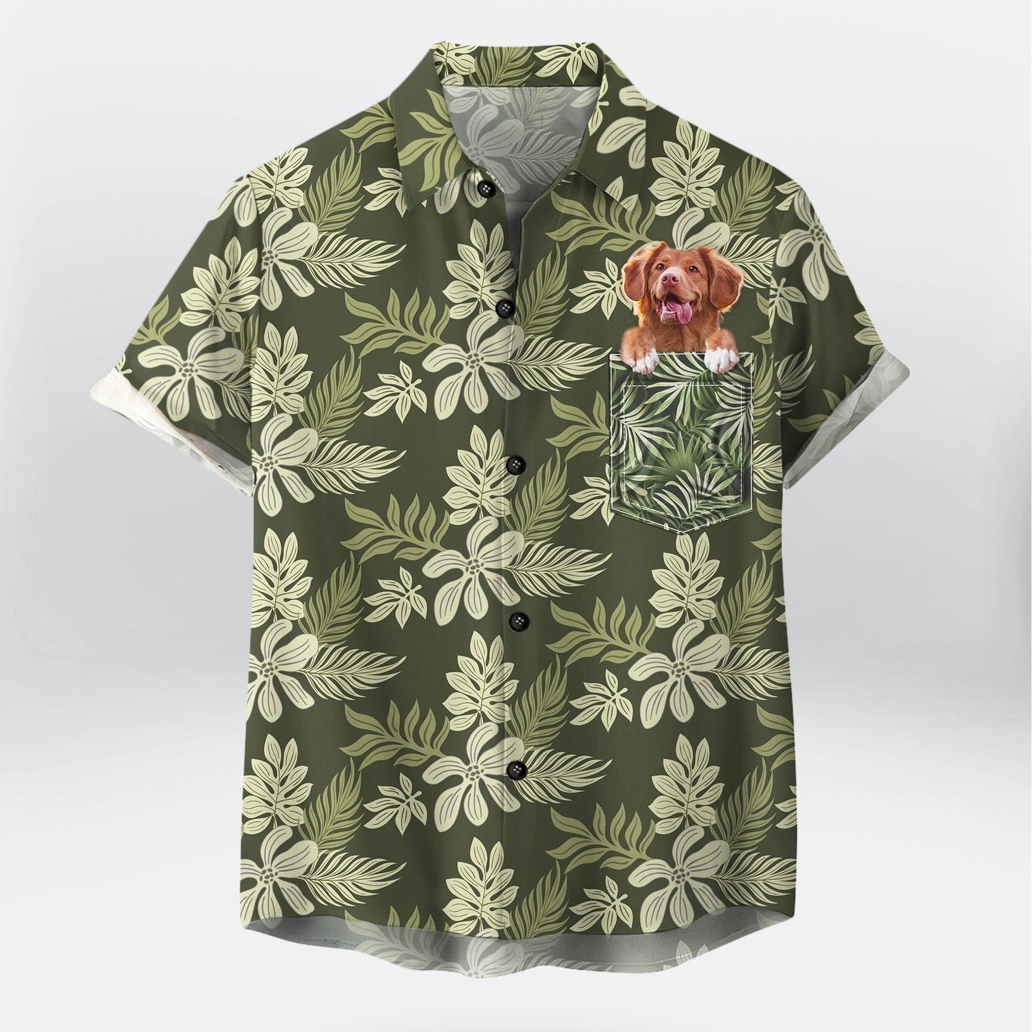 Custom Hawaiian Shirt With Pet Face | Personalized Gift For Pet Lovers | Summer Flower Pattern Military Green Color Aloha Shirt With Pocket