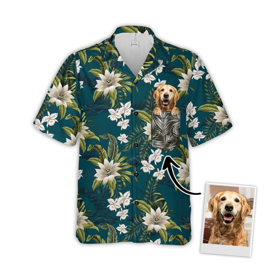 Custom Hawaiian Shirt With Pet Face | Personalized Gift For Pet Lovers | Tropical Vintage Flower Pattern Military Teal Color Aloha Shirt With Pocket