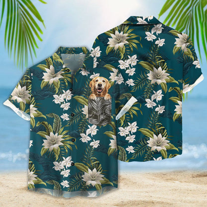 Custom Hawaiian Shirt With Pet Face | Personalized Gift For Pet Lovers | Tropical Vintage Flower Pattern Military Teal Color Aloha Shirt With Pocket