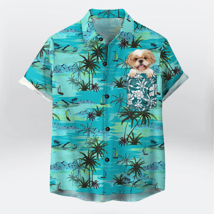 Custom Hawaiian Shirt With Pet Face | Personalized Gift For Pet Lovers | Palm Tree, Beach & Ocean Pattern Turquoise Color Aloha Shirt With Pocket