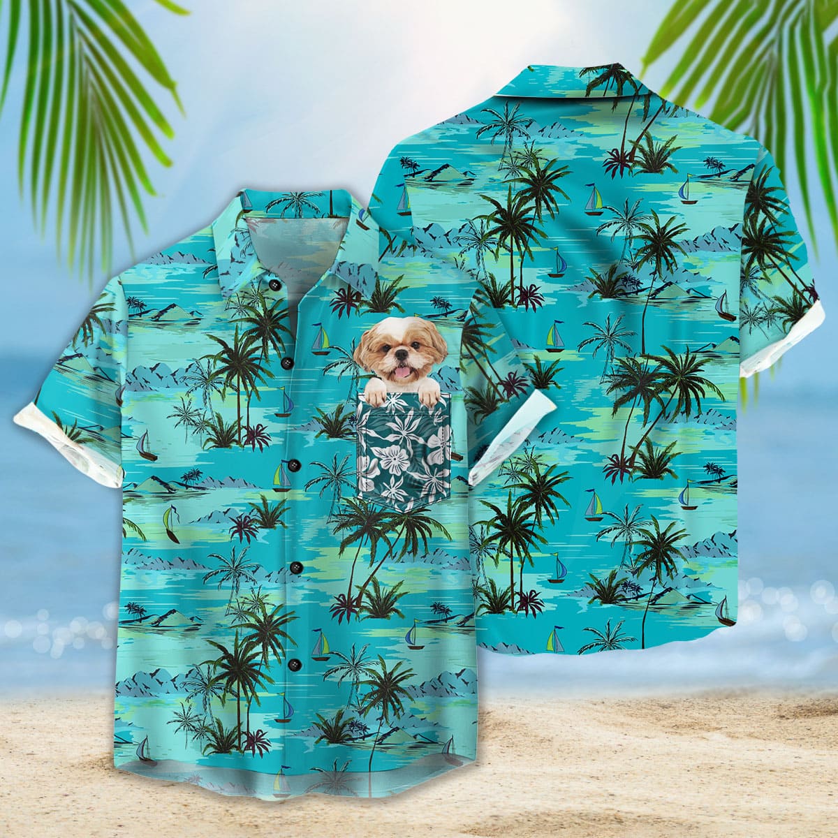Custom Hawaiian Shirt With Pet Face | Personalized Gift For Pet Lovers | Palm Tree, Beach & Ocean Pattern Turquoise Color Aloha Shirt With Pocket