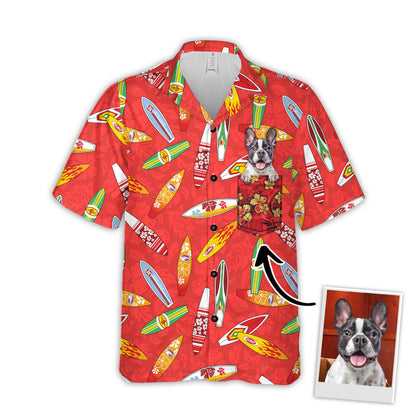 Custom Hawaiian Shirt With Pet Face | Personalized Gift For Pet Lovers | Surfboard Hibiscus Pattern Red Color Aloha Shirt With Pocket