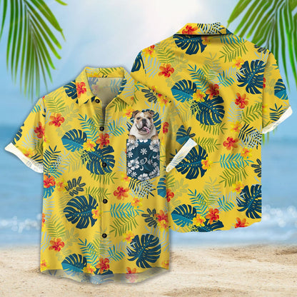 Custom Hawaiian Shirt With Pet Face | Personalized Gift For Pet Lovers | Tropical Summer Botanical Pattern Yellow Color Aloha Shirt With Pocket