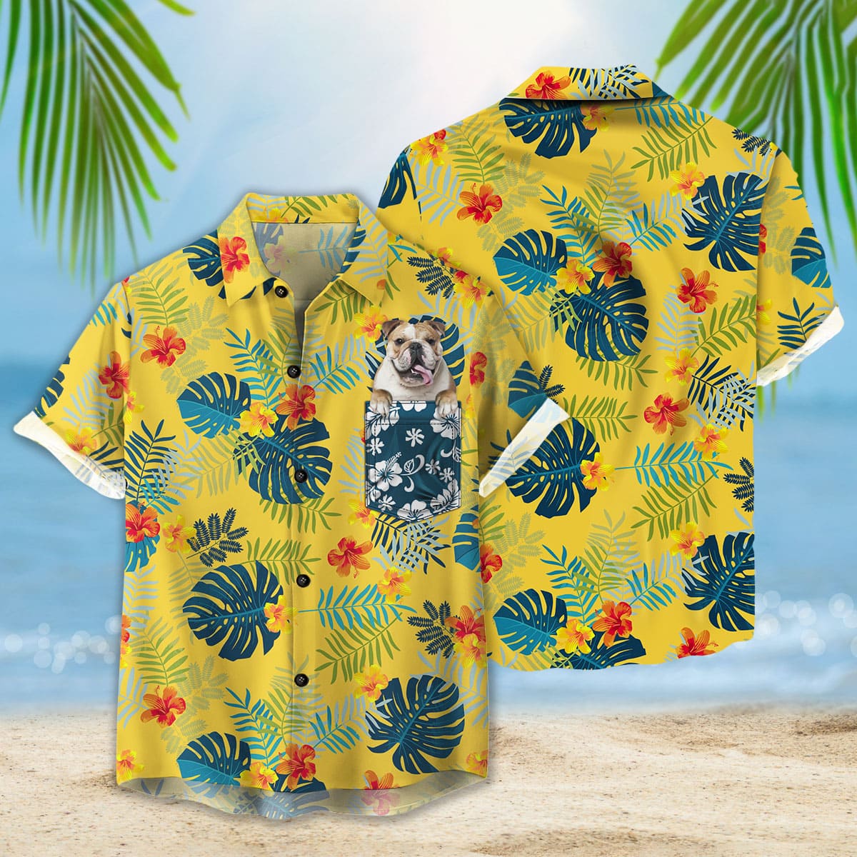 Custom Hawaiian Shirt With Pet Face | Personalized Gift For Pet Lovers | Tropical Summer Botanical Pattern Yellow Color Aloha Shirt With Pocket