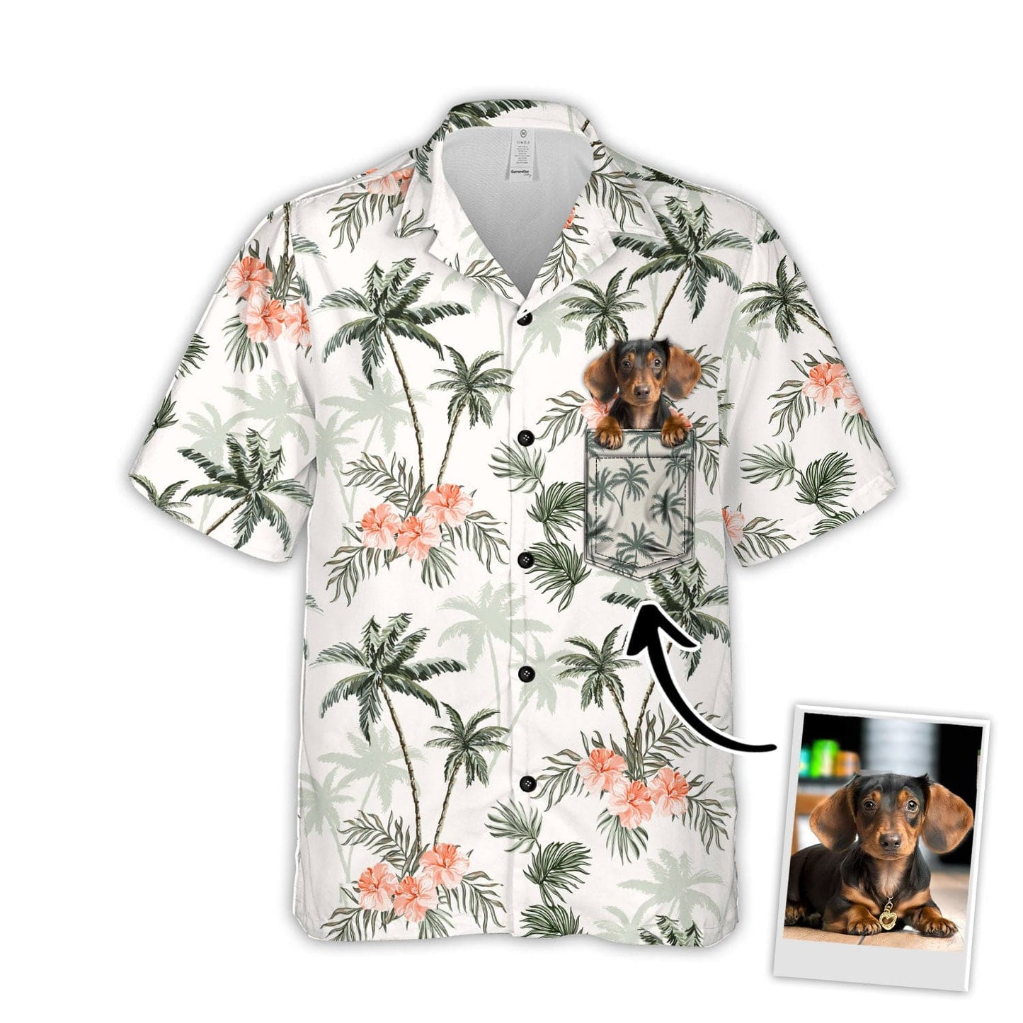 Custom Hawaiian Shirt With Pet Face | Personalized Gift For Pet Lovers | Palm Trees And Cheetah Floral Pattern White Color Aloha Shirt With Pocket