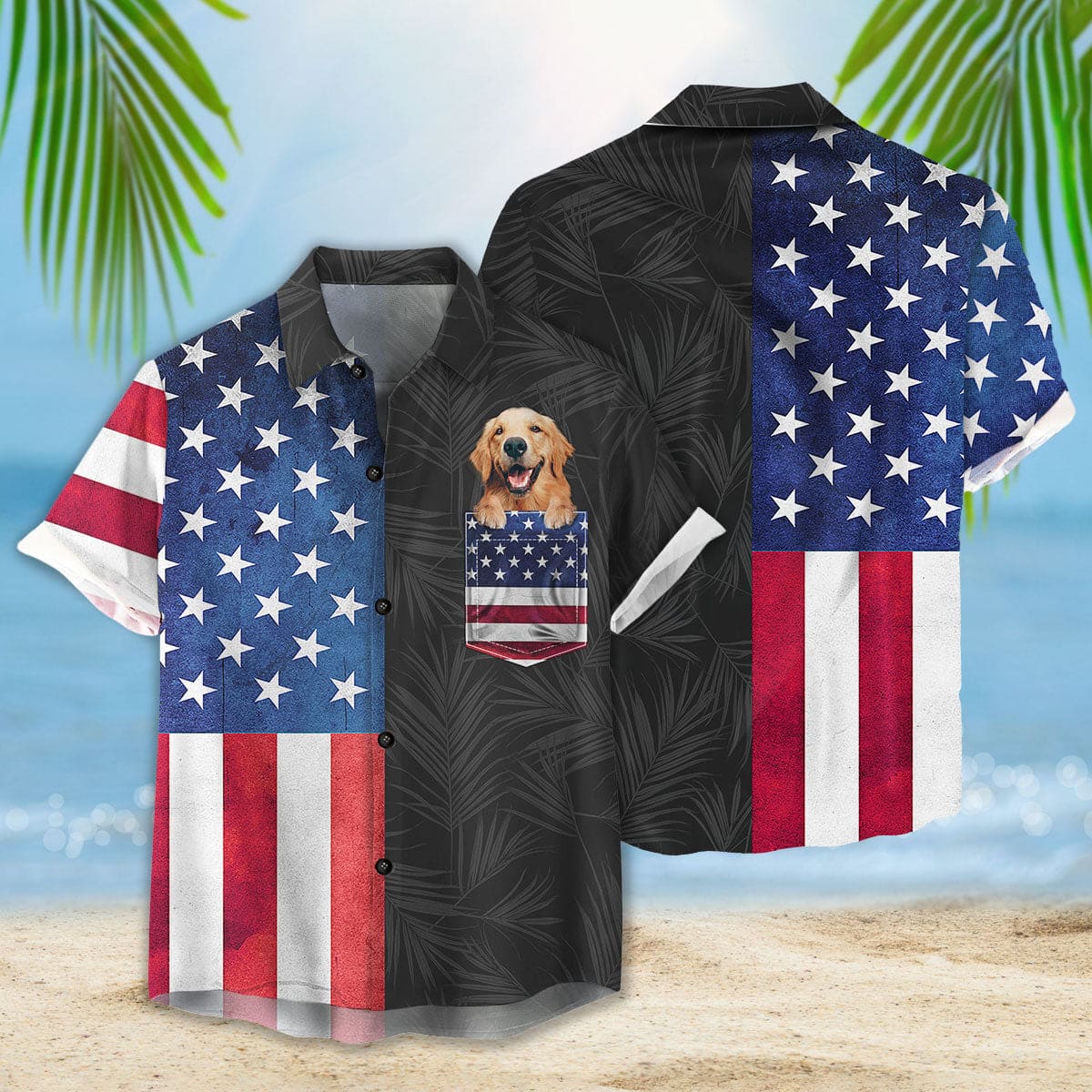 Custom Hawaiian Shirt With Pet Face | Personalized Gift For Pet Lovers | American Tropical Summer Background Red & Blue Color Aloha Shirt With Pocket