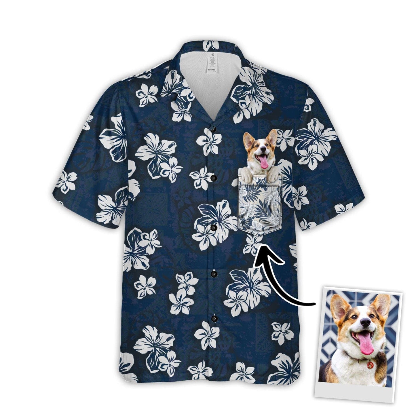 Custom Hawaiian Shirt With Pet Face | Personalized Gift For Pet Lovers | Tribal Elements And Hibiscus Flowers Pattern Navy Color Aloha Shirt With Pocket