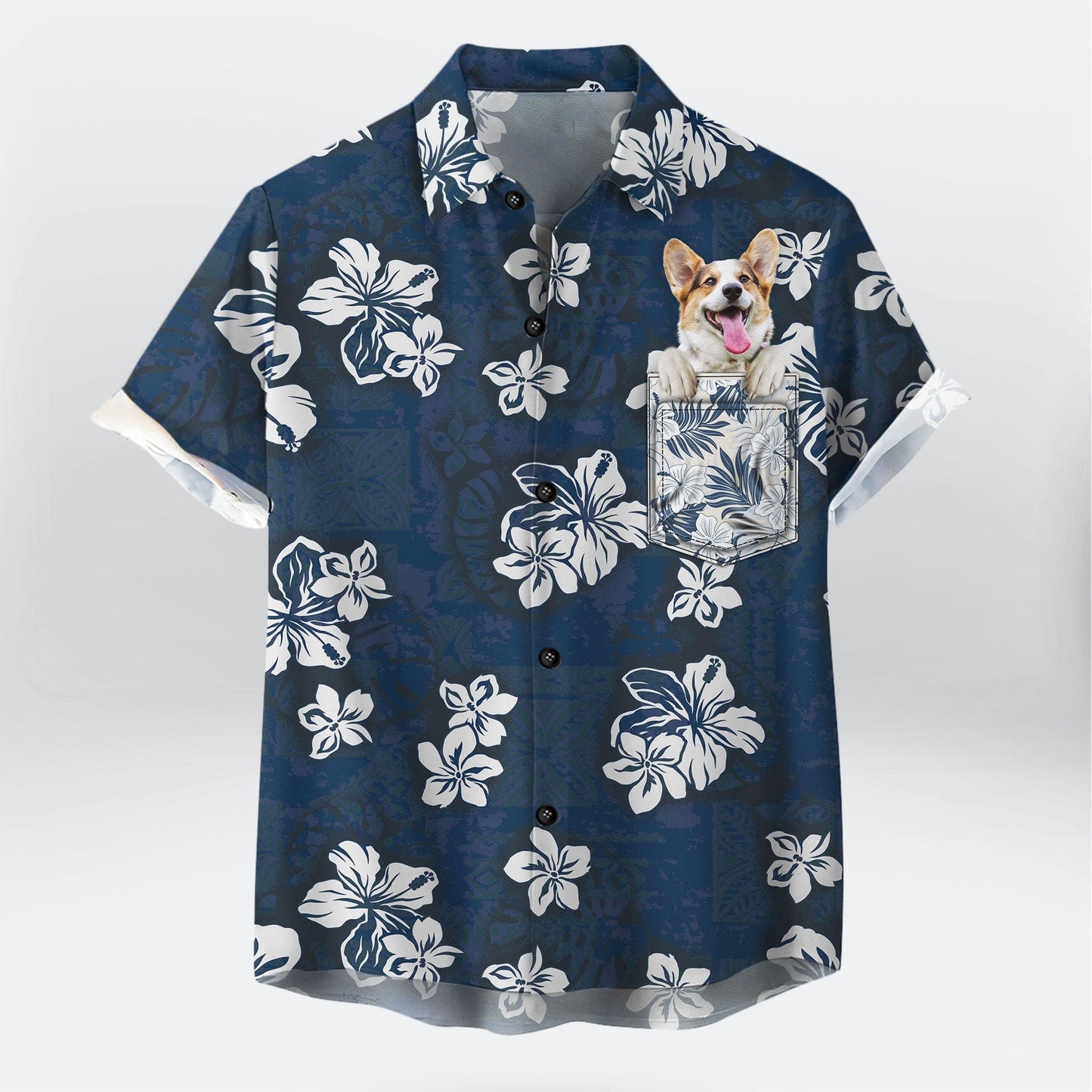 Custom Hawaiian Shirt With Pet Face | Personalized Gift For Pet Lovers | Tribal Elements And Hibiscus Flowers Pattern Navy Color Aloha Shirt With Pocket