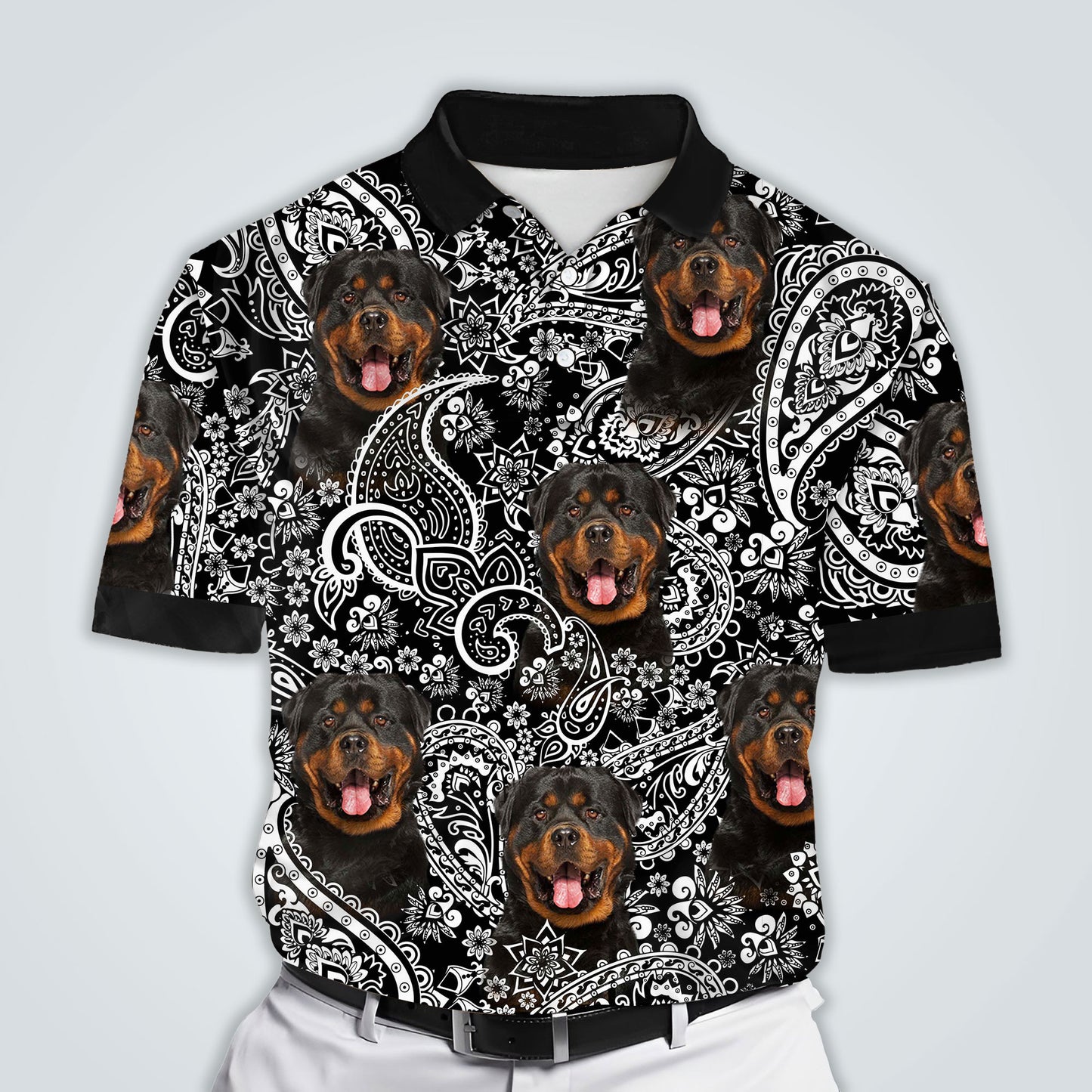 Custom Polo Shirt With Dog Face | Personalized Gift For Dog Dad | Black Flower Pattern Men Polo Shirt