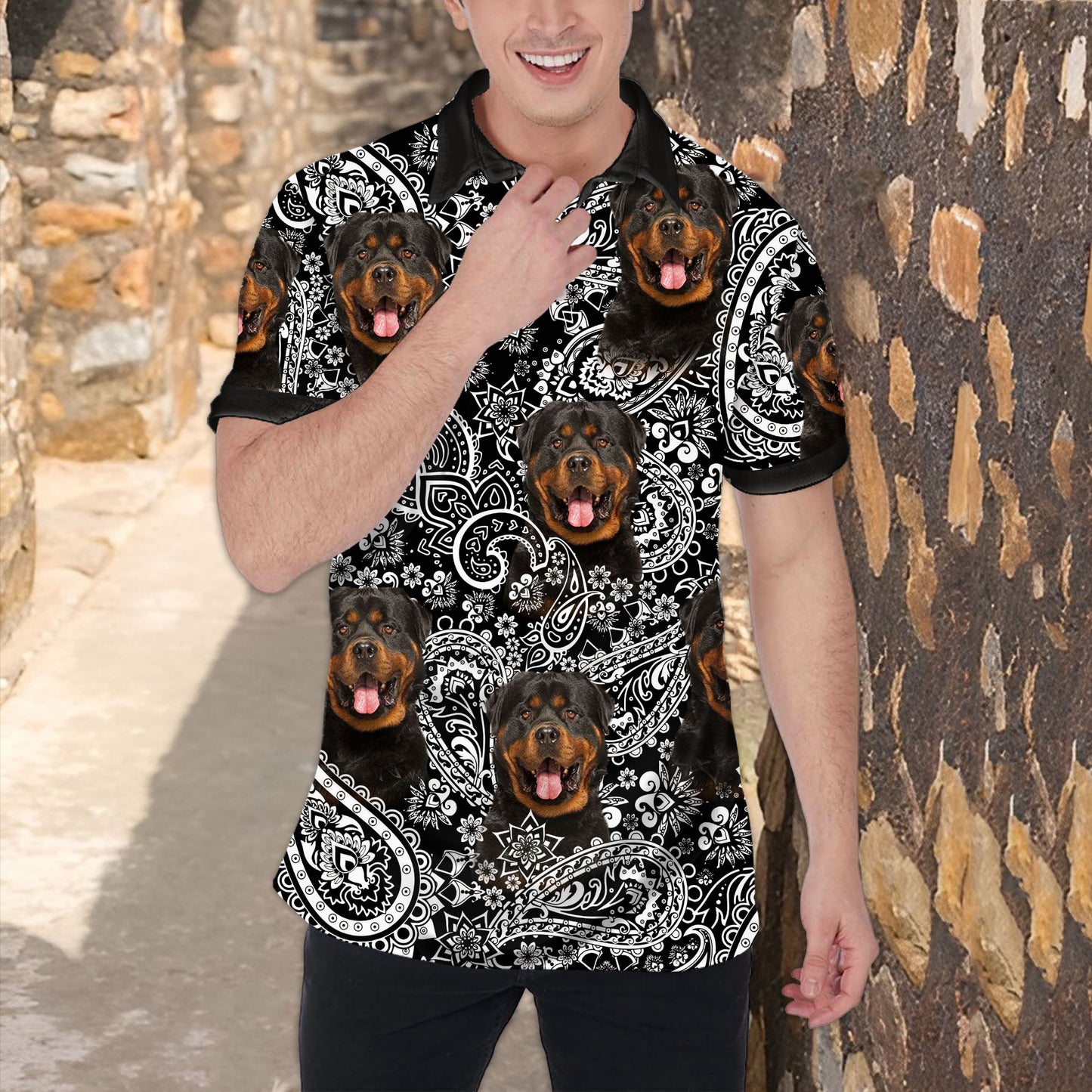 Custom Polo Shirt With Dog Face | Personalized Gift For Dog Dad | Black Flower Pattern Men Polo Shirt