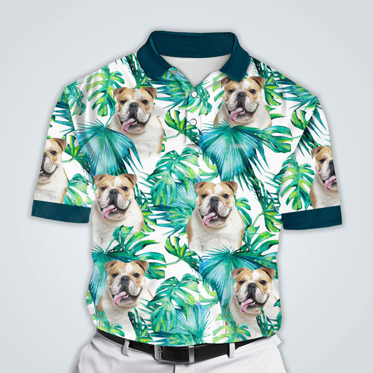 Custom Polo Shirt With Dog Face | Personalized Gift For Dog Dad | Green Leaves Pattern Men Polo Shirt