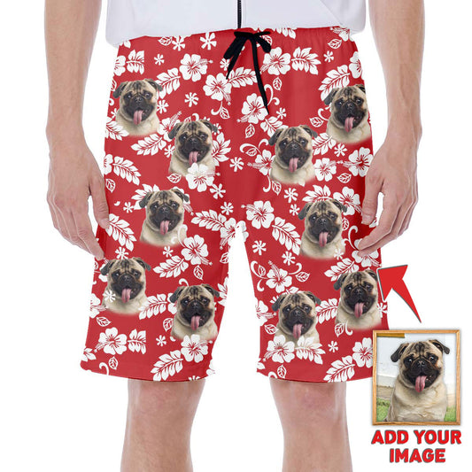 Short hawaïen personnalisé avec visage de chien | Cadeau personnalisé pour les amateurs de chiots | Short Aloha à motif de feuilles et de fleurs de couleur rouge