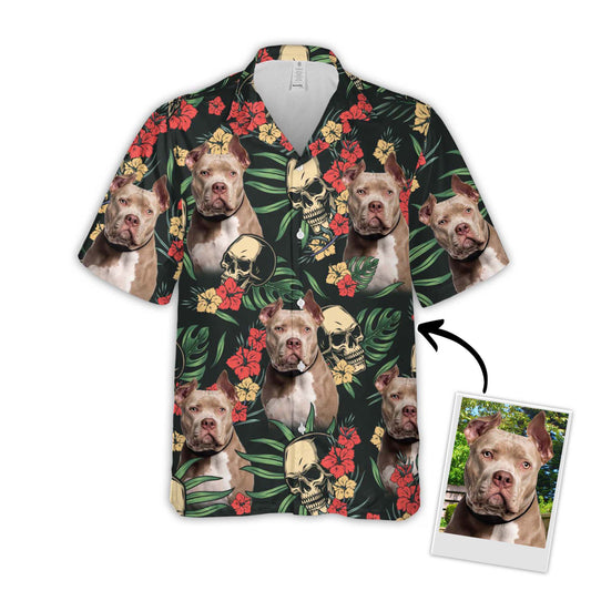 Chemise hawaïenne personnalisée avec visage d’animal de compagnie | Cadeau personnalisé pour les amoureux des animaux de compagnie | Chemise Aloha colorée tropicale sans couture avec motif de crânes, de fleurs et de feuilles