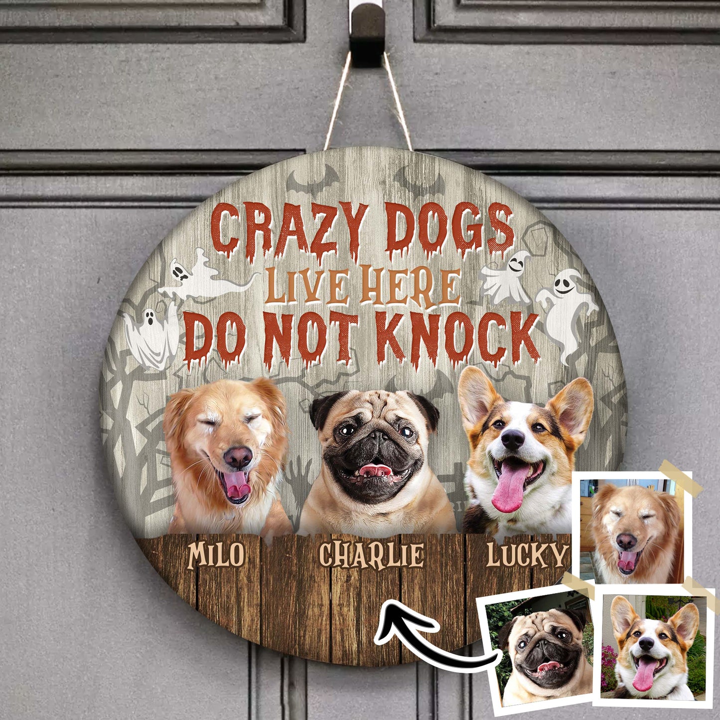 Halloween Crazy Dogs Live Here Do Not Knock Panneau rond en bois personnalisé Cadeau personnalisé pour les amoureux des animaux de compagnie