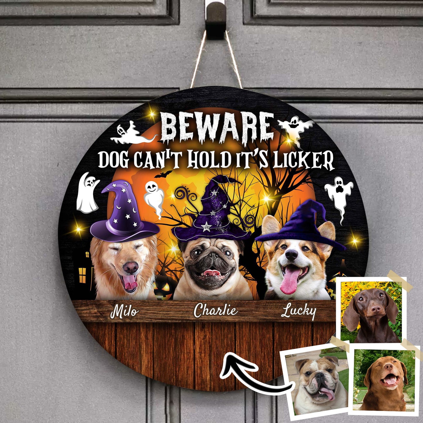 Panneau en bois rond personnalisé pour Halloween, méfiez-vous du chien ne peut pas tenir son lécheur, cadeau personnalisé pour les amoureux des animaux de compagnie