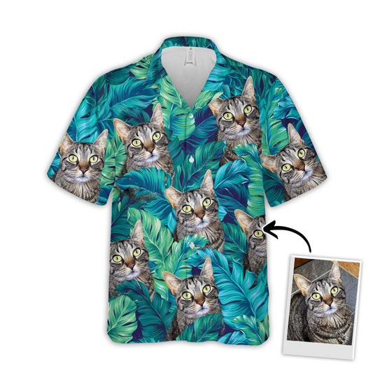 Chemise hawaïenne personnalisée avec visage d’animal de compagnie | Cadeau personnalisé pour les amoureux des animaux de compagnie | Chemise Aloha à motif de feuilles tropicales turquoise et bleues
